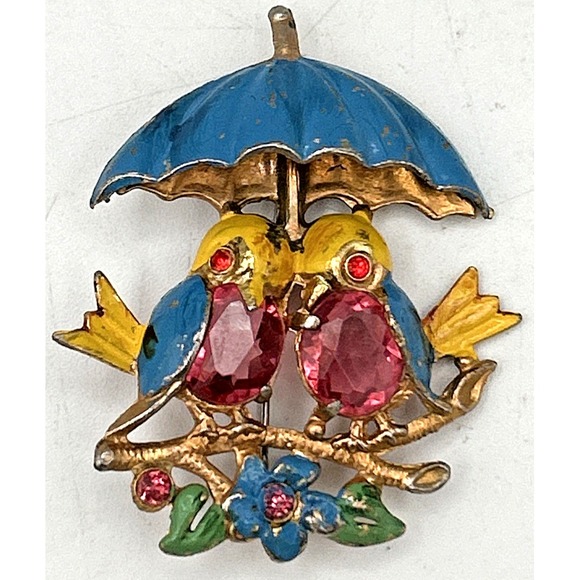 Vintage Fred Gray Coro Enamel Pot Metal Rhinestone Love Birds Pin Brooch 1940s